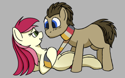 Size: 2040x1275 | Tagged: safe, artist:frilanka, derpibooru import, doctor whooves, roseluck, earth pony, pony, g4, blushing, clothes, duo, female, fourth doctor's scarf, gray background, grin, lying down, male, on back, pulling, scarf, ship:doctorrose, shipping, simple background, smiling, straight, striped scarf