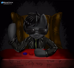 Size: 2835x2600 | Tagged: safe, artist:ch0c0saurio, derpibooru import, oc, pony, unicorn, clothes, dark, digital art, fanart, glasses, happy, jacket, leather, leather jacket, meme, present, reference, render, simple background, solo, the matrix