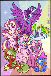 Size: 1210x1807 | Tagged: safe, artist:caffeinatedcarny, derpibooru import, applejack, applejack (g3), fluttershy, fluttershy (g3), master kenbroath gilspotten heathspike, pinkie pie, pinkie pie (g3), rainbow dash, rainbow dash (g3), rarity, rarity (g3), spike, twilight sparkle, twilight twinkle, alicorn, dragon, earth pony, pegasus, pony, unicorn, g3, g4, cloven hooves, coat markings, colored hooves, colored pupils, colored wings, coloring page, dappled, facial markings, feathered fetlocks, freckles, g3 to g4, generation leap, gradient hooves, group photo, leg freckles, looking at you, mane six, open mouth, open smile, rainbow, redesign, simple background, smiling, socks (coat marking), star (coat marking), unshorn fetlocks, wings