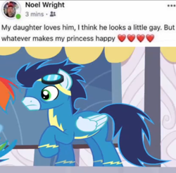 Size: 1100x1080 | Tagged: safe, derpibooru import, edit, edited screencap, screencap, rainbow dash, soarin', g4, rarity investigates, clothes, facebook, goggles, implied gay, meme, uniform, wonderbolts, wonderbolts uniform