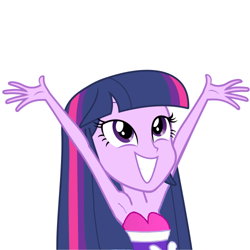 Size: 500x500 | Tagged: safe, derpibooru import, edit, edited screencap, screencap, twilight sparkle, human, equestria girls, g4, anonymous editor, armpits, arms in the air, beautiful, beautiful eyes, beautiful hair, beautisexy, big grin, big smile, clothes, cute, dress, excited, excitement, grin, happy, pretty, sexy, simple background, sleeveless, sleeveless dress, smiling, solo, strapless, strapless dress, white background