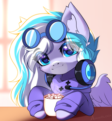 Size: 1165x1262 | Tagged: safe, artist:airiniblock, derpibooru import, oc, oc only, oc:skydrive, pegasus, pony, chocolate, clothes, commission, cute, ear fluff, ears, food, headphones, heart, heart eyes, hot chocolate, icon, marshmallow, morning, pegasus oc, solo, wingding eyes, ych result