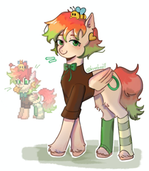 Size: 1116x1280 | Tagged: safe, artist:krookodill, derpibooru import, oc, oc only, oc:chise, bee, insect, pegasus, pony, bow, clothes, food, green eyes, pony town, short hair, simple background, socks, solo, standing, strawberry, white background, wings