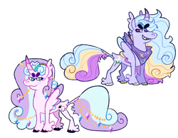 Size: 2048x1587 | Tagged: safe, artist:goatpaste, derpibooru import, oc, oc only, oc:moonbloom bloom, oc:sweet dreams, alicorn, pony, alicorn oc, duo, horn, long description, magical lesbian spawn, offspring, parent:princess cadance, parent:trixie, parents:tridance, simple background, white background, wings