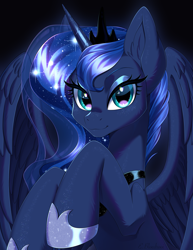 Size: 2700x3500 | Tagged: safe, artist:e-boi, derpibooru import, princess luna, alicorn, pony, g4, blue eyes, blue mane, blushing, crown, cute, digital art, ethereal mane, eyelashes, eyeshadow, feather, female, flowing mane, glowing, glowing horn, gray background, high res, hoof shoes, horn, jewelry, lidded eyes, looking at you, makeup, mare, peytral, raised hooves, regalia, simple background, smiling, smiling at you, solo, sparkles, spread wings, starry mane, stars, wings