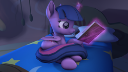 Size: 3840x2160 | Tagged: safe, alternate version, artist:~stuffguy123, derpibooru import, trixie, twilight sparkle, twilight sparkle (alicorn), alicorn, pony, g4, 3d, bed, bedroom, book, butt, fetish, golden oaks library, lying down, moonlight, night, on side, plot, reading, solo, source filmmaker, trixie prey, twipred, vore