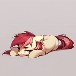 Size: 1024x1024 | Tagged: safe, ai content, derpibooru import, generator:purplesmart.ai, generator:stable diffusion, machine learning generated, roseluck, earth pony, pony, g4, bored, cute, ears, floppy ears, gray background, lying down, prompter:doom9454, simple background, solo