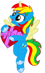 Size: 581x952 | Tagged: safe, artist:shieldwingarmorofgod, derpibooru import, oc, oc only, oc:royal strength, alicorn, pony, g4, box of chocolates, female, simple background, solo, transparent background