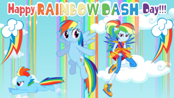 Size: 8000x4500 | Tagged: safe, artist:shieldwingarmorofgod, derpibooru import, rainbow dash, human, pegasus, pony, equestria girls, g4, cloud, crystal guardian, cutie mark, female, flying, rainbow dash day, rainbow waterfall, sky background, solo