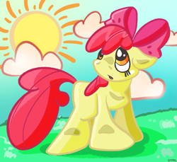 Size: 1483x1361 | Tagged: safe, artist:itsbootoon, derpibooru import, apple bloom, earth pony, pony, g4, cloud, female, filly, foal, grass, solo, sun