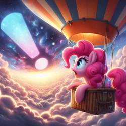 Size: 1024x1024 | Tagged: safe, ai content, derpibooru import, machine learning generated, pinkie pie, earth pony, pony, g4, exclamation point, female, hot air balloon, open mouth, prompter:pinkiepiepics, signal, sky, solo, wrong cutie mark