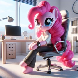 Size: 1024x1024 | Tagged: safe, ai content, derpibooru import, machine learning generated, pinkie pie, earth pony, pony, semi-anthro, g4, chair, clothes, computer, desk lamp, female, office, office chair, prompter:pinkiepiepics, solo