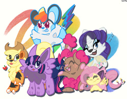 Size: 749x584 | Tagged: safe, artist:itsbootoon, derpibooru import, applejack, fluttershy, pinkie pie, rainbow dash, rarity, twilight sparkle, g4, blush sticker, blushing, eyes closed, mane six, my little x, one eye closed, open mouth, open smile, pokefied, pokémon, simple background, smiling, species swap, white background, wink