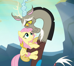Size: 827x741 | Tagged: safe, derpibooru import, screencap, discord, fluttershy, draconequus, pegasus, pony, g4, to where and back again, best friend, best friends, cropped, cute, discute, duo, duo male and female, female, friend, friends, happy, holding a pony, hug, male, mare, shipping fuel, smiling