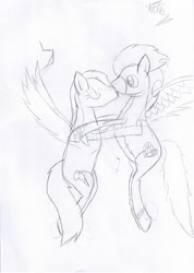 Size: 750x1053 | Tagged: safe, artist:rita-and-skipper, derpibooru import, rainbow dash, soarin', pegasus, pony, g4, female, kiss on the lips, kissing, male, mare, shipping, sketch, soarindash, stallion, straight, traditional art