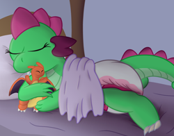 Size: 3400x2665 | Tagged: safe, artist:sweetielover, derpibooru import, oc, oc only, oc:goldigony, dragon, g4, bed, bedroom, blanket, charizard, cute, daaaaaaaaaaaw, diaper, diaper fetish, eyes closed, female, fetish, high res, hug, ocbetes, pillow, pink diaper, plushie, pokémon, sleeping, solo