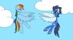 Size: 1283x720 | Tagged: safe, artist:dasher666, artist:wraithii, derpibooru import, edit, rainbow dash, soarin', pegasus, pony, clothes, duo, female, male, mare, shipping, soarindash, stallion, straight, uniform, wonderbolts uniform