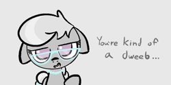 Size: 1020x507 | Tagged: safe, artist:castafae, derpibooru import, silver spoon, earth pony, pony, g4, dialogue, dweeb, ears, female, filly, floppy ears, foal, glasses, gray background, jewelry, looking at you, necklace, pearl necklace, simple background, solo