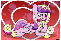 Size: 2087x1430 | Tagged: safe, artist:banquo0, derpibooru import, princess cadance, alicorn, female, flower, flower in mouth, folded wings, jewelry, lidded eyes, looking at you, lying down, mouth hold, regalia, rose, rose in mouth, smiling, smiling at you, solo, wings