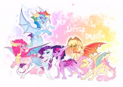 Size: 2048x1444 | Tagged: safe, artist:koffeemilk, derpibooru import, applejack, fluttershy, pinkie pie, rainbow dash, rarity, twilight sparkle, dragon, choker, dragoness, dragonified, dragonjack, fangs, female, flutterdragon, grin, horns, lidded eyes, looking at you, mane six, my little x, open mouth, open smile, pinkiedragon, rainbow dragon, raridragon, simple background, smiling, smiling at you, species swap, spread wings, spyro the dragon (series), twilidragon, what if, white background, wings