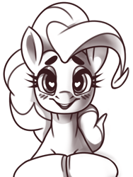 Size: 380x506 | Tagged: safe, artist:acyace, derpibooru import, pinkie pie, earth pony, pony, bust, female, heart, heart eyes, hooves together, looking at you, mare, monochrome, open mouth, open smile, smiling, solo, wingding eyes