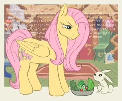 Size: 6000x5000 | Tagged: safe, artist:sheepchops, derpibooru import, angel bunny, fluttershy, pegasus, pony, rabbit, putting your hoof down, absurd resolution, animal, duo, duo male and female, female, fluttershy's cottage, food, looking at each other, looking at someone, male, mare, salad, text