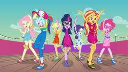 Size: 1920x1080 | Tagged: safe, derpibooru import, edit, edited screencap, screencap, applejack, discord, fluttershy, pinkie pie, rainbow dash, rarity, sci-twi, sunset shimmer, twilight sparkle, draconequus, human, better together, equestria girls, g4, i'm on a yacht, armpit tickling, armpits, arms in the air, clothes, disembodied hand, dress, female, hand, humane five, humane seven, humane six, shirt, sleeveless, sleeveless dress, sleeveless shirt, sleeveless tank top, tanktop, tickling