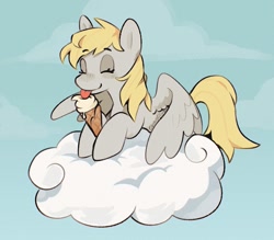 Size: 1415x1239 | Tagged: safe, artist:cupidcry, derpibooru import, derpy hooves, pegasus, pony, g4, cloud, eyebrows, eyebrows visible through hair, eyes closed, female, food, ice cream, ice cream cone, licking, lying down, lying on a cloud, mare, on a cloud, prone, signature, sky, sky background, smiling, solo, tongue, tongue out, wings, wings down