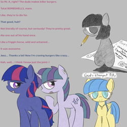 Size: 1020x1020 | Tagged: safe, artist:castafae, derpibooru import, oc, oc only, oc:angel cake, oc:constellation cradle, oc:tinny, oc:twilit starsky, earth pony, pegasus, pony, unicorn, blank flank, bootleg, cross, cross necklace, dialogue, female, filly, foal, gray background, jewelry, lidded eyes, looking at you, looking back, looking back at you, mare, necklace, pencil in mouth, simple background, sitting, text