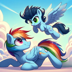Size: 1024x1024 | Tagged: safe, ai content, derpibooru import, generator:bing image creator, generator:dall-e 3, machine learning generated, glide, rainbow blitz, rainbow dash, soarin', pegasus, pony, g4, cloud, cloudy, female, flying, folded wings, looking at each other, looking at someone, male, mare, prompter:*rainbow dash*, rule 63, shipping, sky, smiling, smiling at each other, soarindash, spread wings, stallion, straight, wings