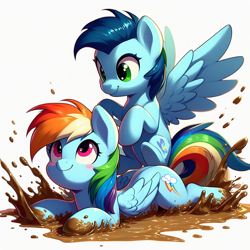 Size: 1024x1024 | Tagged: safe, ai content, derpibooru import, generator:bing image creator, generator:dall-e 3, machine learning generated, rainbow dash, soarin', g4, female, folded wings, male, mud, playing, prompter:*rainbow dash*, shipping, simple background, smiling, soarindash, spread wings, straight, white background, wings