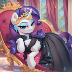 Size: 2048x2048 | Tagged: safe, ai content, derpibooru import, generator:pony diffusion v6 xl, generator:stable diffusion, machine learning generated, rarity, pony, unicorn, g4, bedroom eyes, black dress, chest fluff, choker, clothes, cutie mark accessory, cutie mark on clothes, dress, ear fluff, ear piercing, earring, ears, fainting couch, female, flower, high res, indoors, jewelry, looking at you, lying down, mare, piercing, prompter:tyto4tme4l, prone, smiling, smiling at you, solo, tiara, window