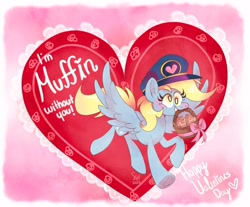 Size: 2048x1699 | Tagged: safe, artist:squididdlee, derpibooru import, derpy hooves, pegasus, pony, g4, basket, blushing, cute, derpabetes, female, food, holding, holiday, mailmare, mare, mouth hold, muffin, pun, smiling, solo, spread wings, valentine, valentine's day, wings