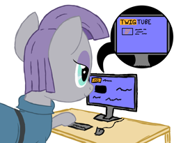 Size: 1500x1232 | Tagged: safe, artist:scootaloormayfly, derpibooru import, maud pie, earth pony, pony, g4, clothes, computer, dress, pornhub, simple background, smiling, solo, twig, white background