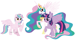 Size: 1267x686 | Tagged: safe, artist:sinamuna, derpibooru import, princess celestia, twilight sparkle, twilight sparkle (alicorn), oc, oc:harmony starswirl, alicorn, pony, au:mewverse next gen -side 2nd-, base used, base:selenaede, blue hair, family, flowing mane, green hair, horn, multicolored hair, offspring, parent:princess celestia, parent:twilight sparkle, pink hair, purple hair, simple background, striped mane, transparent background, wings