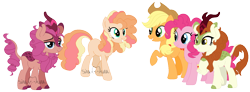 Size: 1380x509 | Tagged: safe, artist:sinamuna, derpibooru import, applejack, autumn blaze, pinkie pie, oc, oc:firefly spice, oc:jonagold pie, earth pony, kirin, pony, au:mewverse next gen -side 2nd-, base used, base:selenaede, blonde, blonde hair, cowboy hat, family, female, fluffy mane, half-siblings, hat, horn, lesbian, magical lesbian spawn, offspring, parent:applejack, parent:autumn blaze, parent:pinkie pie, parents:applepie, parents:autumnpie, pink hair, polyamory, polygamy, poofy mane, scales, shipping, simple background, striped mane, transparent background