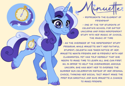 Size: 2548x1765 | Tagged: safe, artist:carouselunique, derpibooru import, minuette, pony, unicorn, g4, alternate cutie mark, alternate design, alternate hairstyle, alternate universe, character swap, cloven hooves, colored hooves, female, fetlock tuft, mare, reference sheet, simple background, smiling, solo, text, trotting, unshorn fetlocks, yellow background