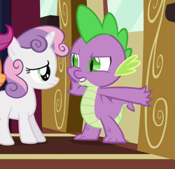 Size: 583x563 | Tagged: safe, derpibooru import, screencap, scootaloo, spike, sweetie belle, dragon, pegasus, pony, unicorn, just for sidekicks, blocking, cropped, duo focus, female, filly, foal, friendship express, locomotive, male, offscreen character, steam locomotive, train