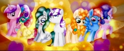 Size: 752x313 | Tagged: safe, artist:doraeartdreams-aspy, derpibooru import, cloudy quartz, cookie crumbles, pear butter, posey shy, princess cadance, twilight velvet, windy whistles, alicorn, earth pony, pegasus, pony, unicorn, g4, base used, female, glasses, group, mare, mom six, needs more jpeg, septet, smiling, when she smiles