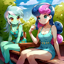 Size: 3000x3000 | Tagged: safe, ai content, derpibooru import, generator:pony diffusion v6 xl, generator:stable diffusion, machine learning generated, bon bon, lyra heartstrings, sweetie drops, equestria girls, g4, anonymous prompter, beautiful, big head, breasts, cleavage, clothes, dress, duo, female, looking at you, looking back, looking back at you, minidress, sexy, sitting, thighs