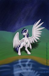 Size: 900x1400 | Tagged: safe, artist:adalbertus, derpibooru import, oc, oc only, oc:moonlight flare, pegasus, pony, grin, night, rearing, reflection, smiling, solo, spread wings, wings