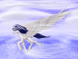 Size: 1600x1200 | Tagged: safe, artist:adalbertus, derpibooru import, oc, oc only, oc:moonlight flare, pegasus, pony, eyes closed, flying, gliding, solo, water