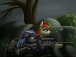 Size: 1600x1200 | Tagged: safe, artist:adalbertus, derpibooru import, oc, oc only, oc:amber drop, oc:rain dancer, earth pony, pony, unicorn, fallout equestria, binoculars, clothes, duo, female, gun, levitation, lying down, magic, mare, prone, rifle, sniper rifle, telekinesis, weapon