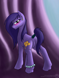 Size: 900x1200 | Tagged: safe, alternate version, artist:adalbertus, derpibooru import, oc, oc:elderberry, earth pony, pony, butt, featureless crotch, female, jewelry, looking at you, looking back, looking back at you, mare, necklace, pearl necklace, plot, solo, tail, tail wrap