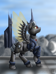 Size: 1200x1600 | Tagged: safe, artist:adalbertus, derpibooru import, oc, oc only, oc:ruhig fortepiano, cyborg, pegasus, pony, robot, robot pony, bowtie, clothes, profile, raised hoof, raised leg, solo, spread wings, suit, wings