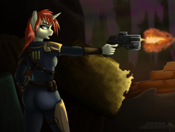 Size: 1600x1200 | Tagged: safe, artist:adalbertus, derpibooru import, oc, oc only, oc:amber drop, anthro, unicorn, butt, clothes, fallout, fallout 4, female, gun, handgun, jumpsuit, pistol, shooting, solo, vault suit, weapon