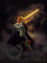 Size: 1200x1600 | Tagged: safe, artist:adalbertus, derpibooru import, oc, oc only, oc:amber drop, anthro, unguligrade anthro, unicorn, cloak, clothes, female, lightsaber, nudity, sith, solo, star wars, strategically covered, weapon