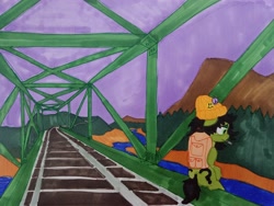 Size: 3740x2818 | Tagged: safe, artist:dhm, derpibooru import, oc, oc:anon filly, pony, backpack, beanie, bridge, buttons, cigarette, evening, female, filly, foal, hat, marker drawing, mountain, pen drawing, railroad, river, sad, scenery, shore, sitting, smoking, solo, traditional art, water