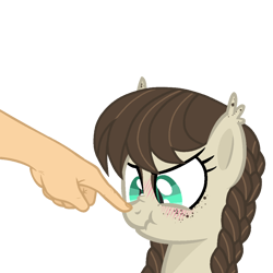 Size: 1050x1050 | Tagged: safe, artist:r4hucksake, derpibooru import, oc, oc only, oc:cookie cream, bat pony, pony, blushing, boop, braid, freckles, hand, scrunchy face, simple background, solo, transparent background