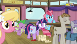 Size: 1447x821 | Tagged: safe, derpibooru import, screencap, cup cake, lily, lily valley, maud pie, mudbriar, spike, twilight sparkle, twilight sparkle (alicorn), alicorn, dragon, a trivial pursuit, anti-zionism, bag, censored, ears, floppy ears, quill, saddle bag, scroll, spacetoon, winged spike, wings